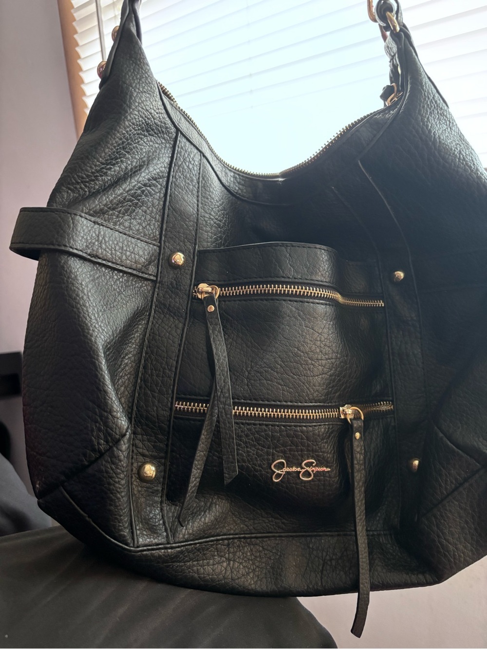 Jessica Simpson Black Pebbled Leather Hobo with Gold Hardware